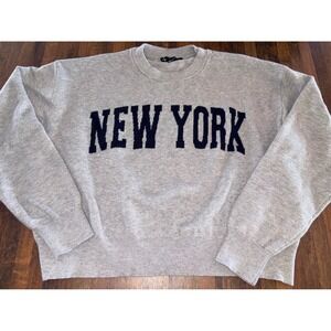 Arden B New York Graphic Sweater Gray Navy Blue Varsity Crewneck Pullover Medium